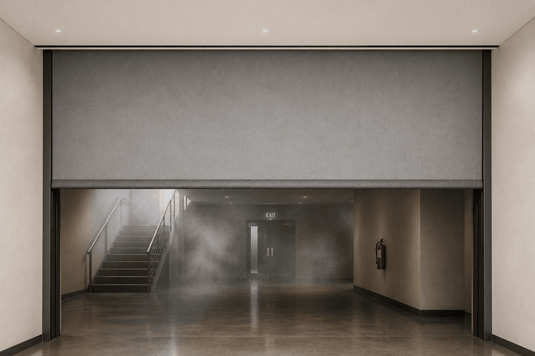 Smoke curtain deployed below an atrium ceiling