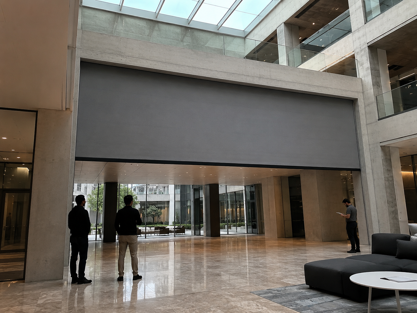 BÖLDT fire curtain lowered across a double-height atrium, with people standing in the lobby below